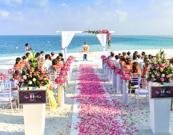 A beautiful outdoor beach wedding setup with rose petals, guests, and ocean view.